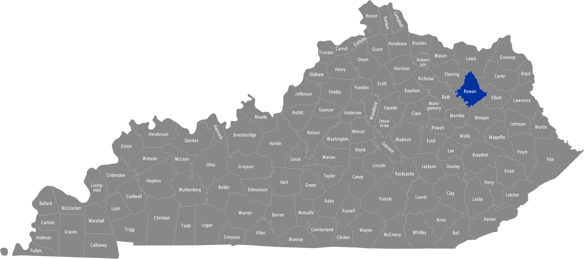 State of Kentucky map with Rowan County highlighted 